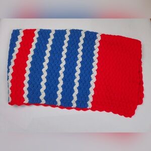 Handmade Vintage Crocheted Blanket Afghan Red White Blue Stripes 69x40 Inches